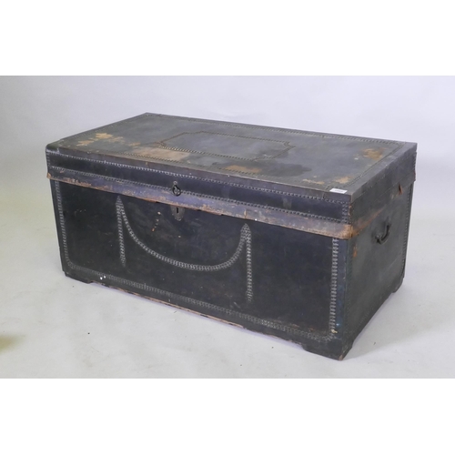 1068 - A Georgian travel trunk, with green leather cover and brass stud decoration, original black printed ... 