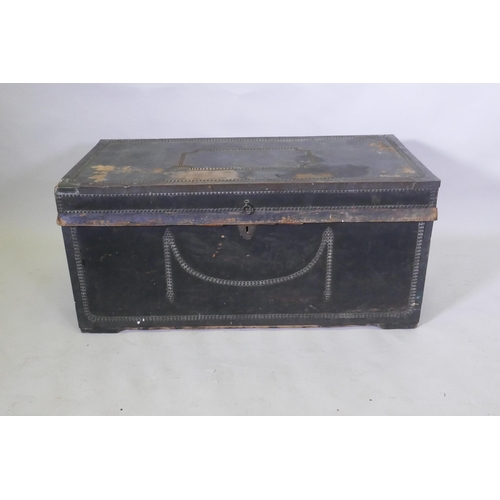 1068 - A Georgian travel trunk, with green leather cover and brass stud decoration, original black printed ... 