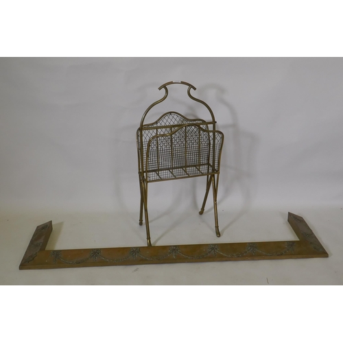 1078 - A brass magazine rack and Victorian brass fender, 144 x 39cm