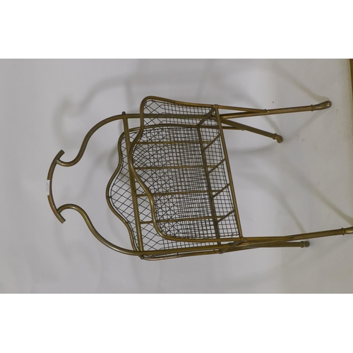 1078 - A brass magazine rack and Victorian brass fender, 144 x 39cm