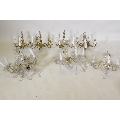 1080 - Four five branch brass chadeliers, 35cm high, and three, five and six branch crystal glass chandelie... 