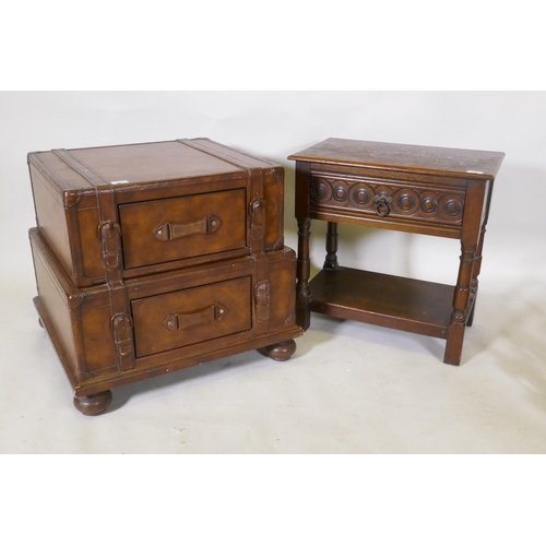 1091 - A leather two drawer chest in the form of suitcases, and an oak single drawer side table, 64 x 59cm,... 