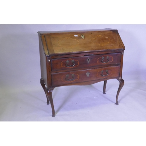 1097 - A late C18th/early C19th French Provincial fruitwood and walnut fall front bureau with inlaid decora... 