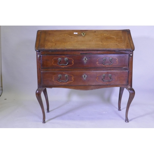 1097 - A late C18th/early C19th French Provincial fruitwood and walnut fall front bureau with inlaid decora... 