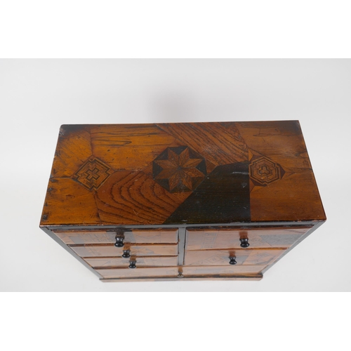 11 - A Japanese Meiji Yosegi-Zaiku marquetry jewellery cabinet of six drawers, 30 x 14cm, 31cm high