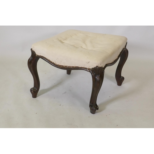 1110 - An early C19th rosewood footstool, raised on carved cabriole supports