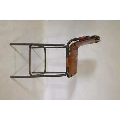 1116 - A Charlotte Perriand style tubular metal and chestnut leather bar stool, 106cm high