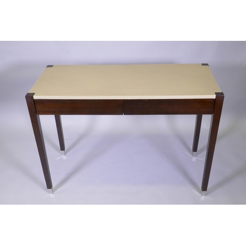 1153 - A pair of contemporary hardwood two drawer writing tables with faux shagreen tops, 100 x 50 x 75cm