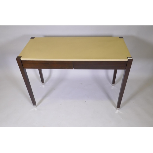 1153 - A pair of contemporary hardwood two drawer writing tables with faux shagreen tops, 100 x 50 x 75cm