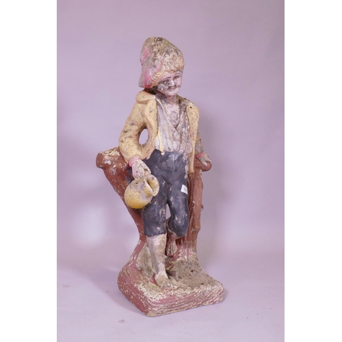 1158 - A painted concrete garden figure of a young boy leaning on a tree stump, 80cm high