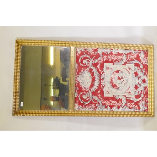 1160 - A C19th French watergilt trumeau mirror with textile panel, 138 x 73cm 