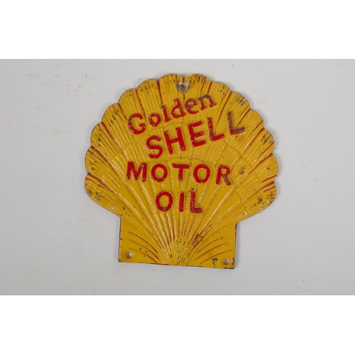 127 - A painted cast iron Golden Shell Motor Oil wall plaque, 17 x 17cm