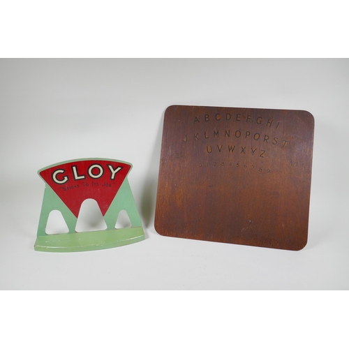 151 - A 1970s Gloy glue hand painted shop display stand, and a 70s hand made Ouija board, 41 x 37cm