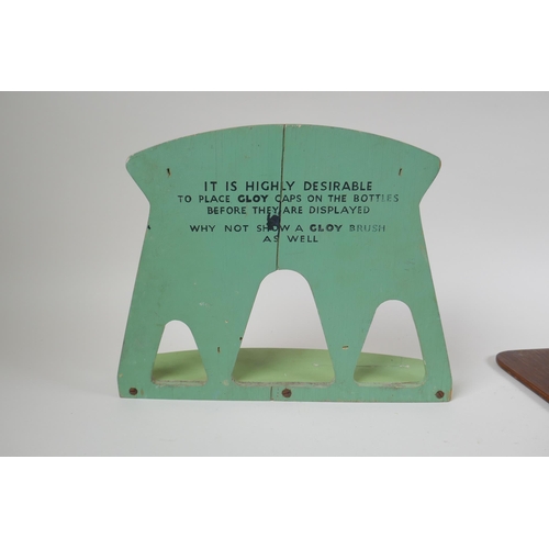 151 - A 1970s Gloy glue hand painted shop display stand, and a 70s hand made Ouija board, 41 x 37cm