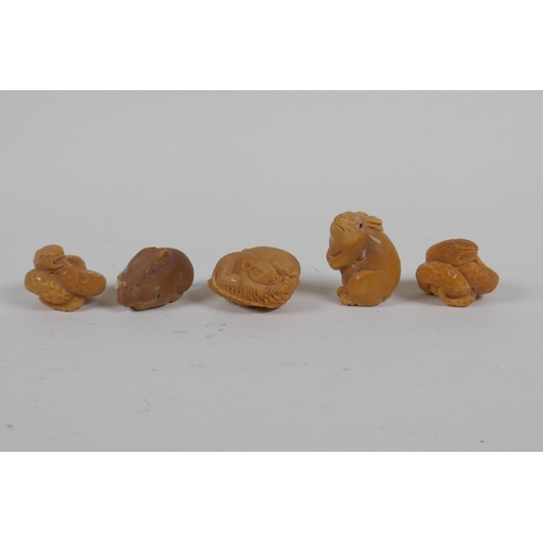 155 - Five Japanese carved tagua nut netsuke in the form of rabbits, snakes and rats, 4cm