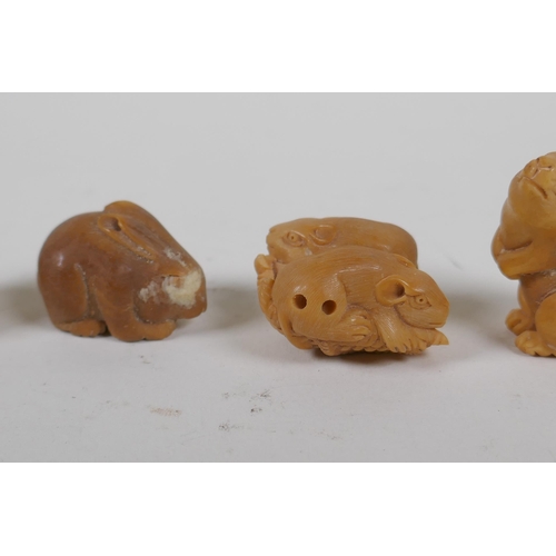 155 - Five Japanese carved tagua nut netsuke in the form of rabbits, snakes and rats, 4cm