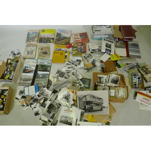 160 - A collection of transport related postcards and personal photos, buses and trains, dating from 1950/... 