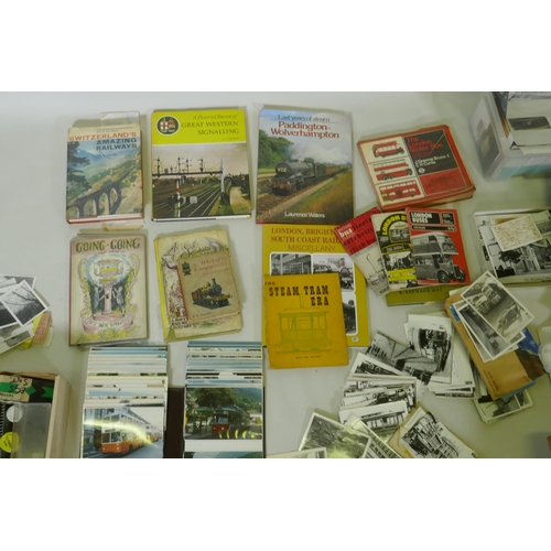 160 - A collection of transport related postcards and personal photos, buses and trains, dating from 1950/... 