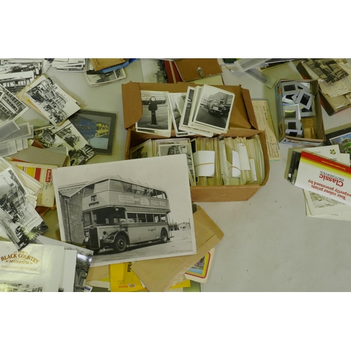 160 - A collection of transport related postcards and personal photos, buses and trains, dating from 1950/... 