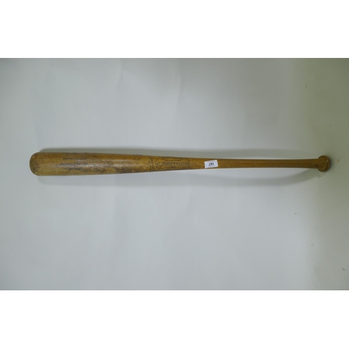 167 - A genuine 'Louisville Slugger' baseball bat, No 125, Hillerich and Bradsby Co, Louisville, KY