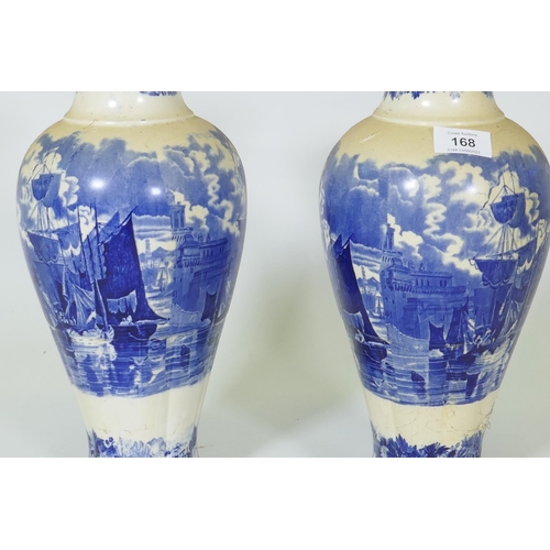 168 - Pair of Wedgwood Etruria 'Ferrara' blue and white vases, impressed and stamped to base, 38cm high