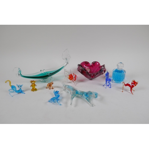 175 - A quantity of Murano glass animals, two ash trays and a paperweight, AF, largest 23cm long