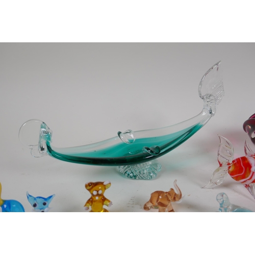 175 - A quantity of Murano glass animals, two ash trays and a paperweight, AF, largest 23cm long