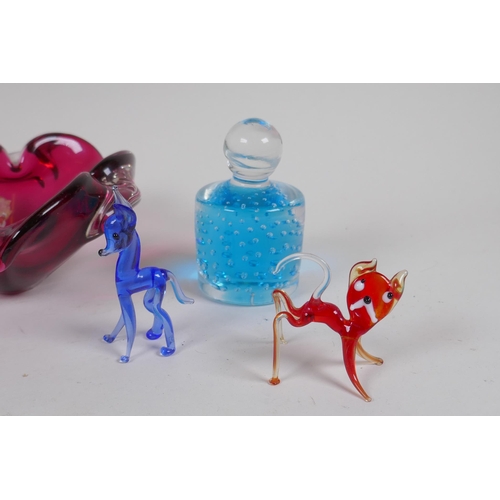 175 - A quantity of Murano glass animals, two ash trays and a paperweight, AF, largest 23cm long