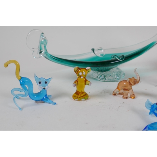 175 - A quantity of Murano glass animals, two ash trays and a paperweight, AF, largest 23cm long