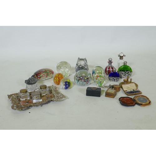 182 - Charles Sorrels studio glass paperweight, 12cm long, seven more, scent bottles, one with hallmarked ... 