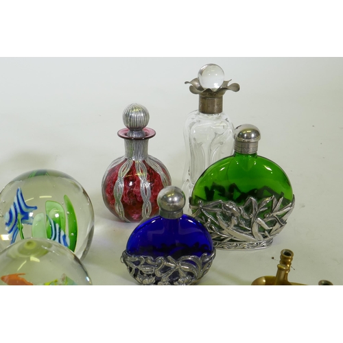 182 - Charles Sorrels studio glass paperweight, 12cm long, seven more, scent bottles, one with hallmarked ... 