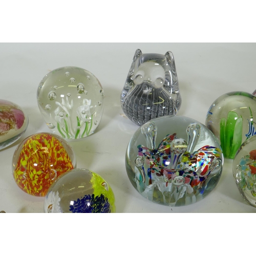 182 - Charles Sorrels studio glass paperweight, 12cm long, seven more, scent bottles, one with hallmarked ... 