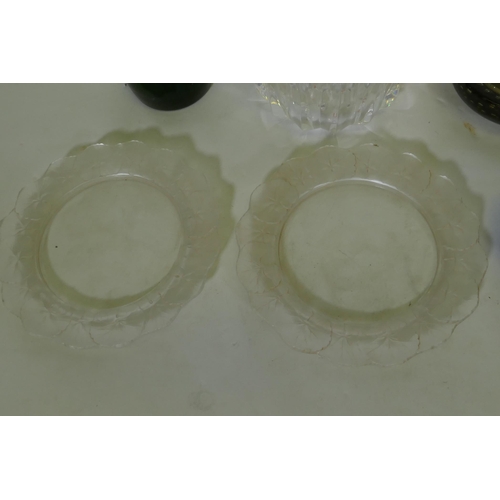 196 - A pair of Lalique Honfleur glass plates with geranium borders, 21cm diameter, a crystal glass bowl, ... 