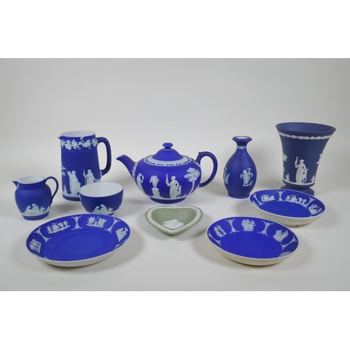 20 - A collection of Antique Wedgwood Jasperware including a teapot, jugs, saucers, vases etc, AF, teapot... 