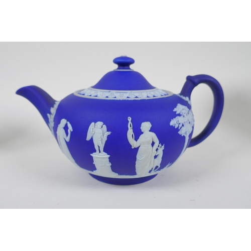 20 - A collection of Antique Wedgwood Jasperware including a teapot, jugs, saucers, vases etc, AF, teapot... 