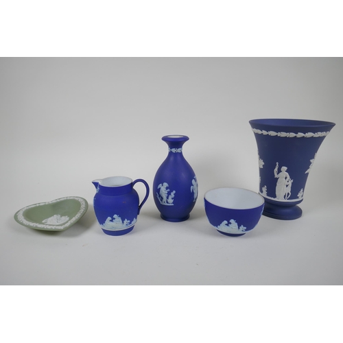 20 - A collection of Antique Wedgwood Jasperware including a teapot, jugs, saucers, vases etc, AF, teapot... 