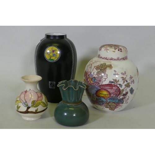 216 - A Carltonware black ground vase with oriental style decoration, 26cm high, Mason's jar and cover, Do... 