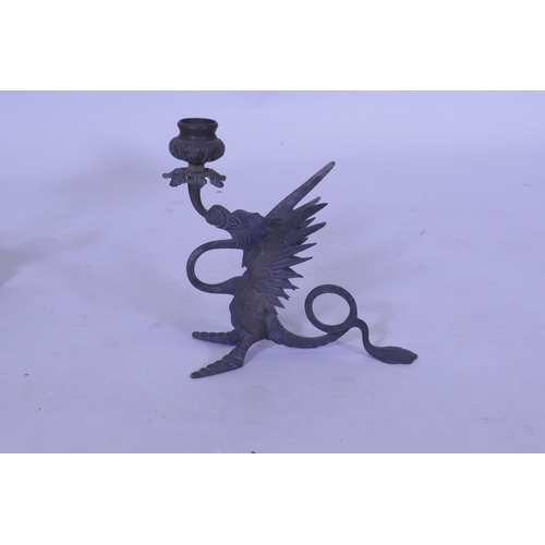 231 - Antique oriental bronze figure of a crane, AF, losses, and candle holder in the form of a dragon, 19... 