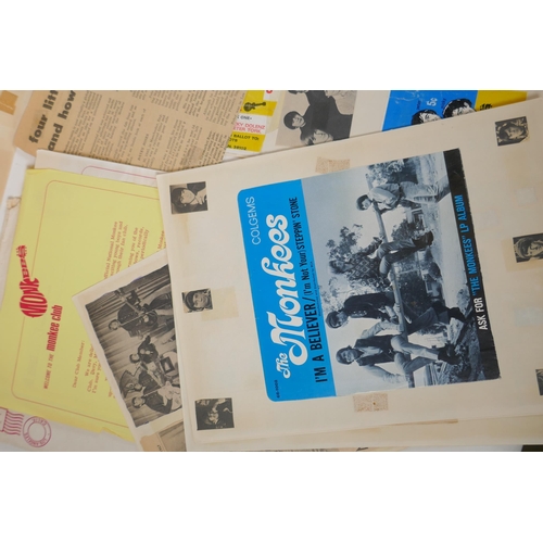 259 - A quantity of Monkees memorabilia to include fan club correspondence, flyers, newspaper cuttings, re... 