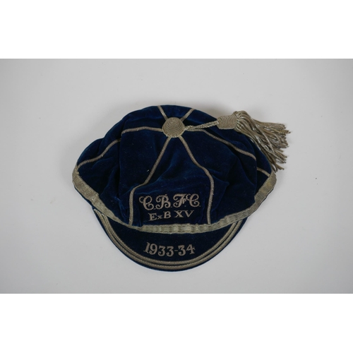 26 - A pre WWII Rugby Union blue velvet cap for the 1933-34 season, with silver embroidered club initials... 