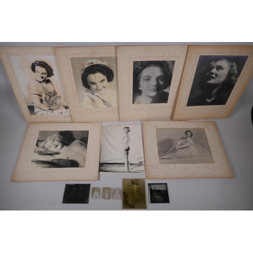 280 - Seven 1930s black and white glamour portrait photographs by D. Hosegood (?), and six glass plate neg... 