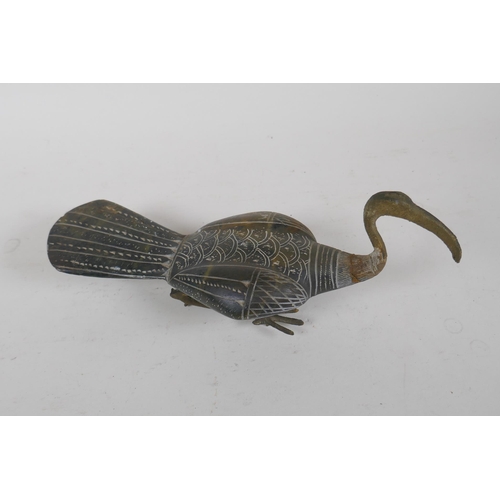 326 - An oriental carved soapstone Ibis, with metal legs, 27cm long, AF