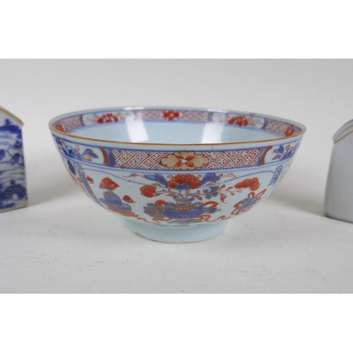 327 - A pair of Chinese Imari porcelain dishes with lobed rims, a Chinese Imari bowl, three blue and white... 