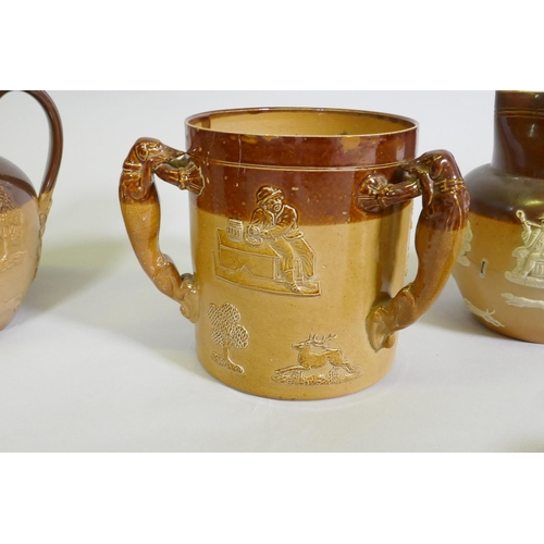 333 - Doulton Lambeth hunting tyg, jugs and tankard, with faults, tyg 15cm high