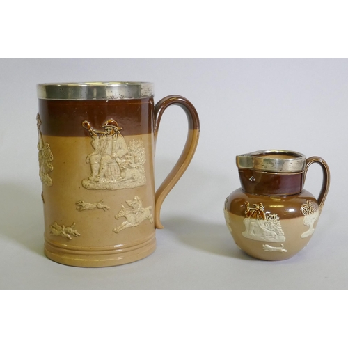 333 - Doulton Lambeth hunting tyg, jugs and tankard, with faults, tyg 15cm high