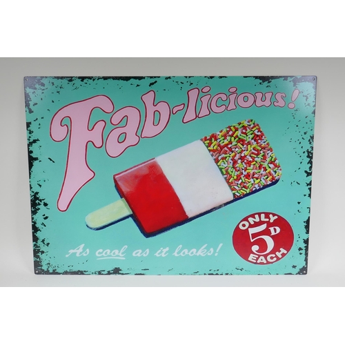 34 - A vintage style metal 'Fab' ice lolly advertising sign, 70 x 50cm