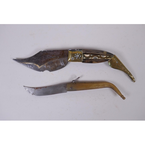 341 - A C19th Spanish brass and horn handled Navaja knife, and a smaller horn handled Navaja knife from th... 