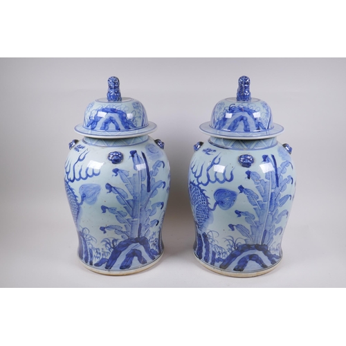 347 - A pair of Chinese blue and white porcelain jars and covers with lion mask, kylin and Fo-dog decorati... 