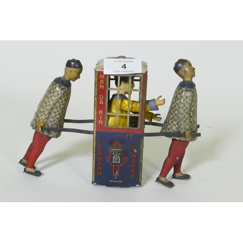 4 - An antique Lehmann Marke tinplate clockwork Man-Da-Rin model of a Chinese sedan, 14cm high