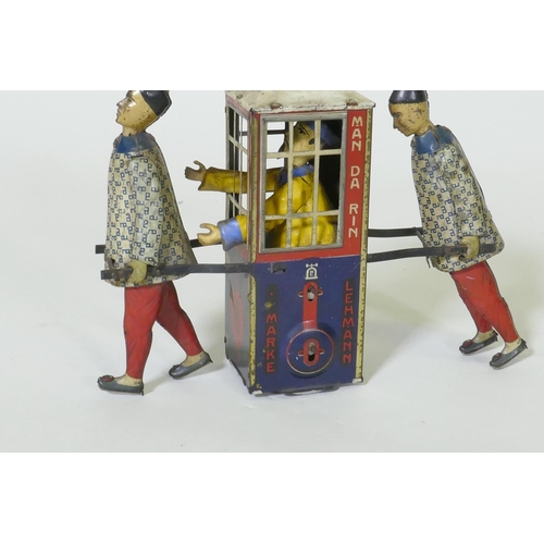 4 - An antique Lehmann Marke tinplate clockwork Man-Da-Rin model of a Chinese sedan, 14cm high